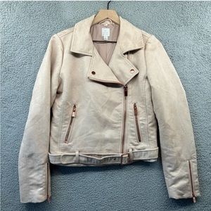 LC LAUREN CONRAD Runway Womens Faux Suede Moto Jacket 10 Tan Camel Casual Modern